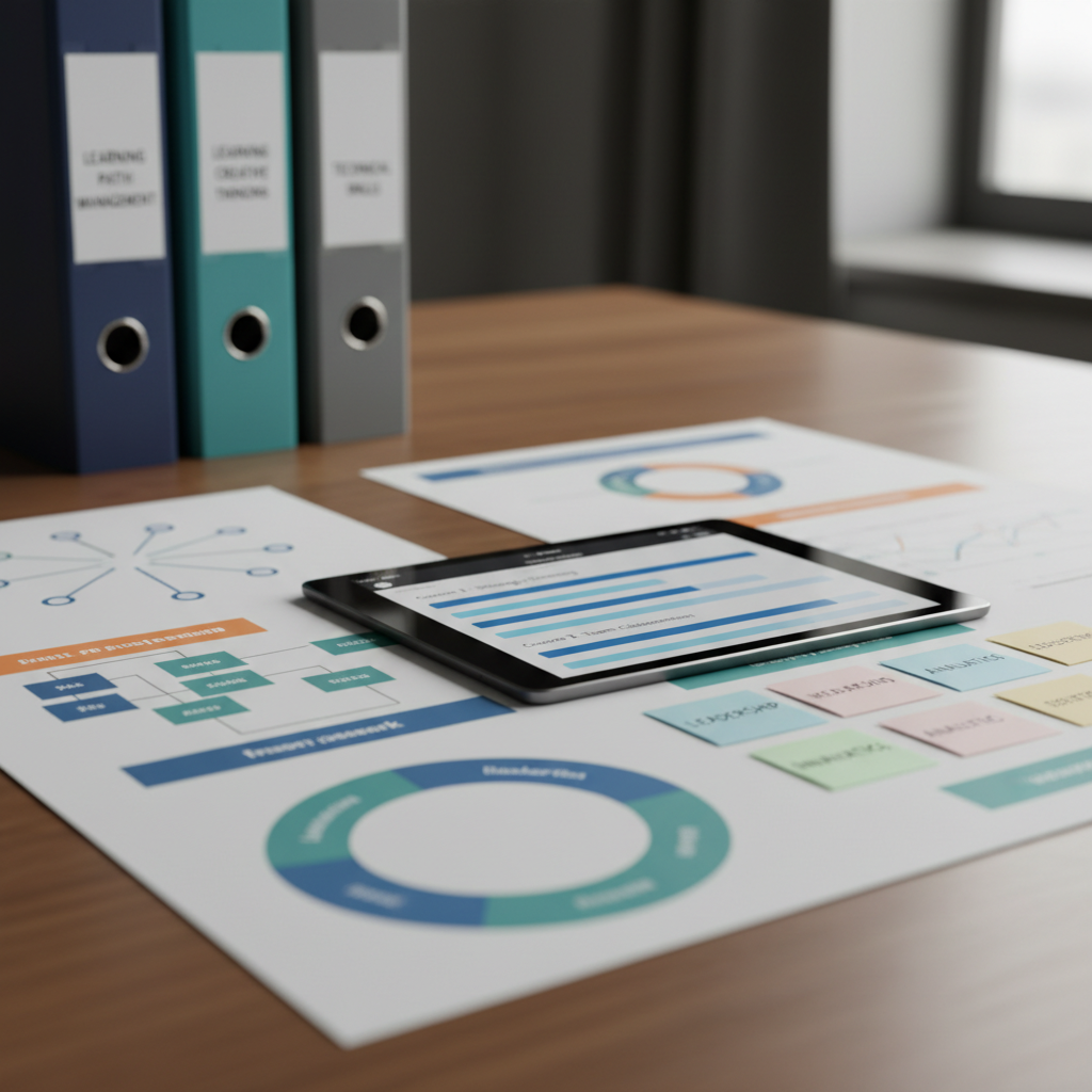 A close-up of a polished wooden table covered with carefully arranged training materials for professional development: color-coded flowcharts printed on thick matte paper, a structured competency framework diagram, sticky notes with neatly written keywords, and a tablet displaying an elegant dashboard of course progress bars. In the background, slightly out of focus, stand three vertical ring binders in coordinated shades of navy, teal, and gray, each labeled with different learning paths. The scene is illuminated by diffused natural light from above and the right, creating soft reflections on the tablet screen and subtle shadows between papers. Photographic realism, shot at eye-level with a shallow depth of field, creates an orderly, analytical mood that emphasizes strategy, planning, and structured learning.