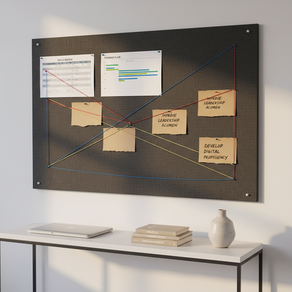 An elegant corner of a training consultant’s office without any people, showcasing a dark charcoal pinboard on a pristine white wall, covered with pinned elements: a printed skills matrix, a Gantt chart of a training plan, neatly handwritten objectives on kraft paper cards, and colored string connecting related topics. Beneath the pinboard rests a narrow white console table with a closed laptop, a tidy stack of professional development books, and a single minimalist ceramic vase. Warm neutral lighting from a hidden overhead source casts soft, directional light that accentuates textures of paper and fabric without harsh shadows. Photographic realism with a slightly angled composition and moderate depth of field creates a thoughtful, strategic, and quietly sophisticated mood, ideal for illustrating training strategy and design thinking.