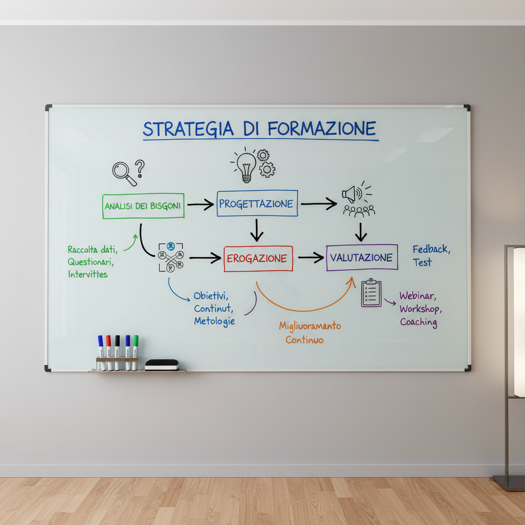 A large glass whiteboard mounted on a smooth light-gray wall, filled with a carefully drawn training strategy diagram in multiple marker colors: arrows connecting boxes labeled “Analisi dei bisogni,” “Progettazione,” “Erogazione,” and “Valutazione,” with side notes and small icons illustrating each phase. At the bottom edge of the board, several neatly aligned dry-erase markers and a magnetic eraser rest on the metal tray. The floor below is light oak, and a slim metal floor lamp stands to one side, just visible and softly blurred. Cool, even artificial office lighting from above creates minimal shadows and clear legibility of every line. Photographic realism, captured straight-on with sharp focus throughout, conveys clarity, structure, and a professional, methodical atmosphere.
