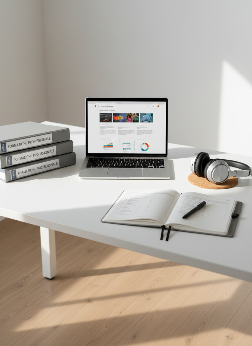 A meticulously organized modern workspace without any people, featuring a large matte-white desk with a slim silver laptop open on a page of professional training modules and colorful data visualizations. Around it lie neatly stacked binders labeled “Formazione Professionale,” a fine-tip pen on an open notebook filled with structured bullet points, and a pair of sleek over-ear headphones resting on a cork coaster. The setting is a bright, minimalist office with light oak flooring and a clean white wall in the background, subtly blurred. Soft morning daylight streams from an unseen window to the left, creating gentle shadows and crisp highlights. Photographic realism from a slightly elevated angle, with shallow depth of field, conveys a professional, focused, and calm atmosphere suitable for a training blog homepage hero image.